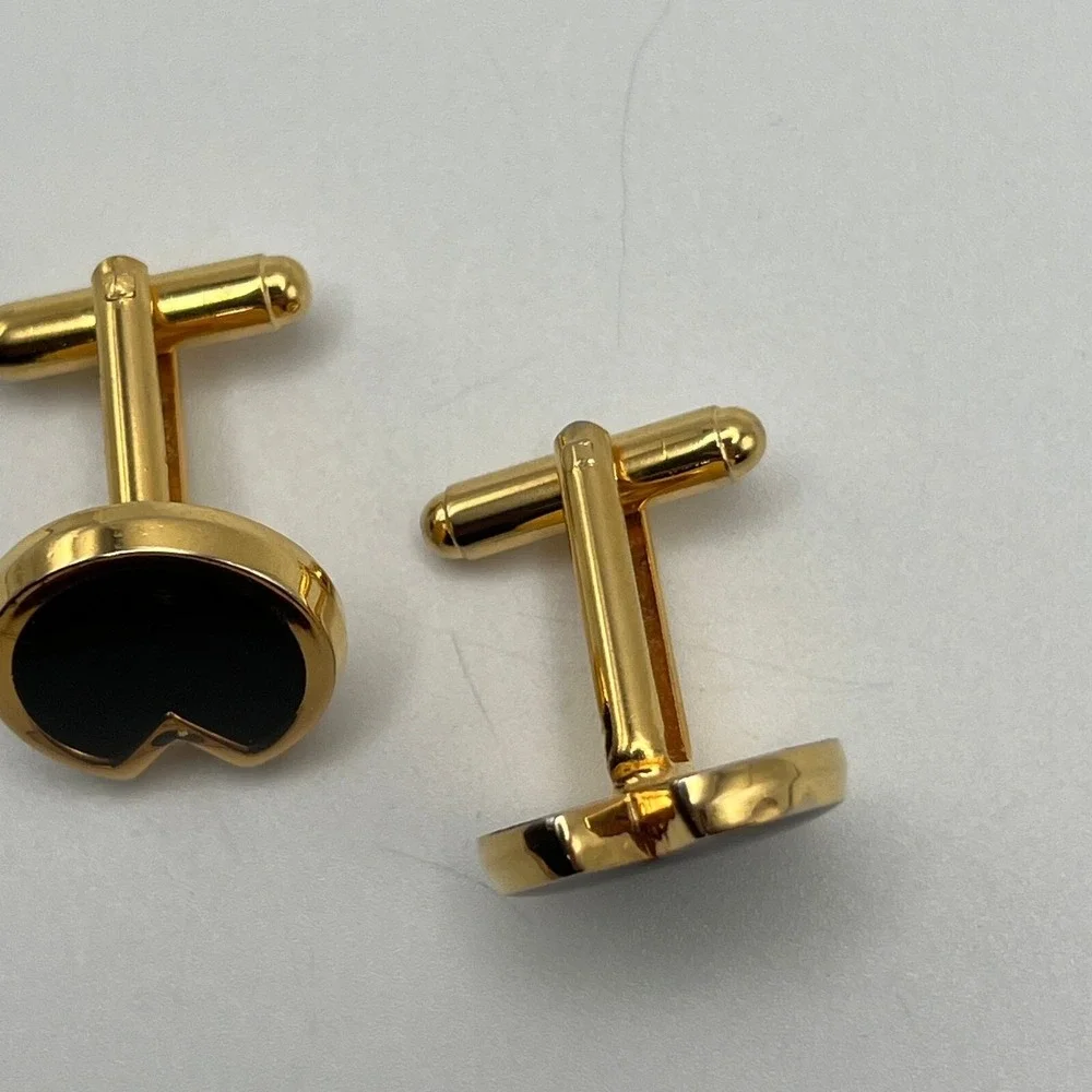 Vintage 80s Cuff Links Art Deco Black Enamel Gold Tone Cuff Studs